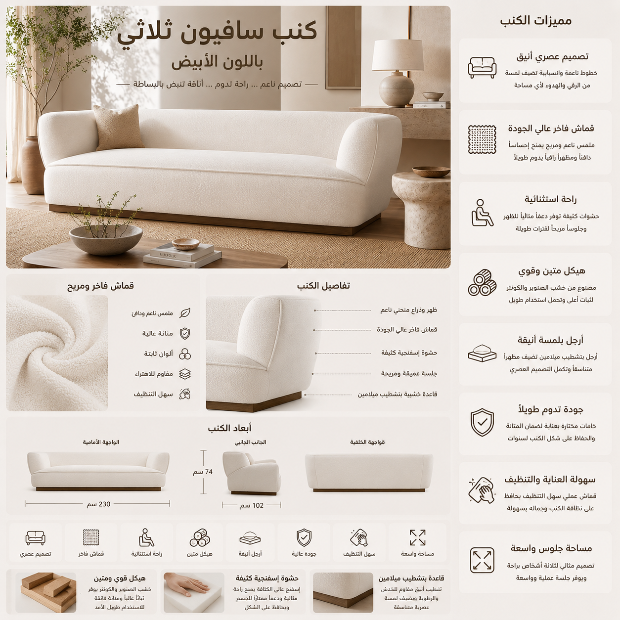 كنب ثلاثي سافيون باللون الأبيض