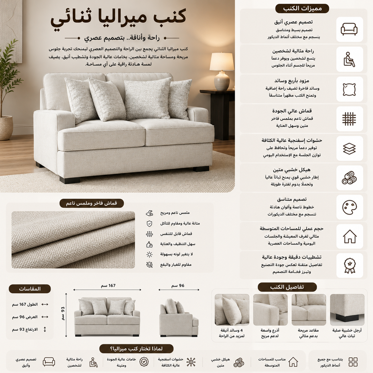 كنب ميراليا ثنائي باللون الكريمي