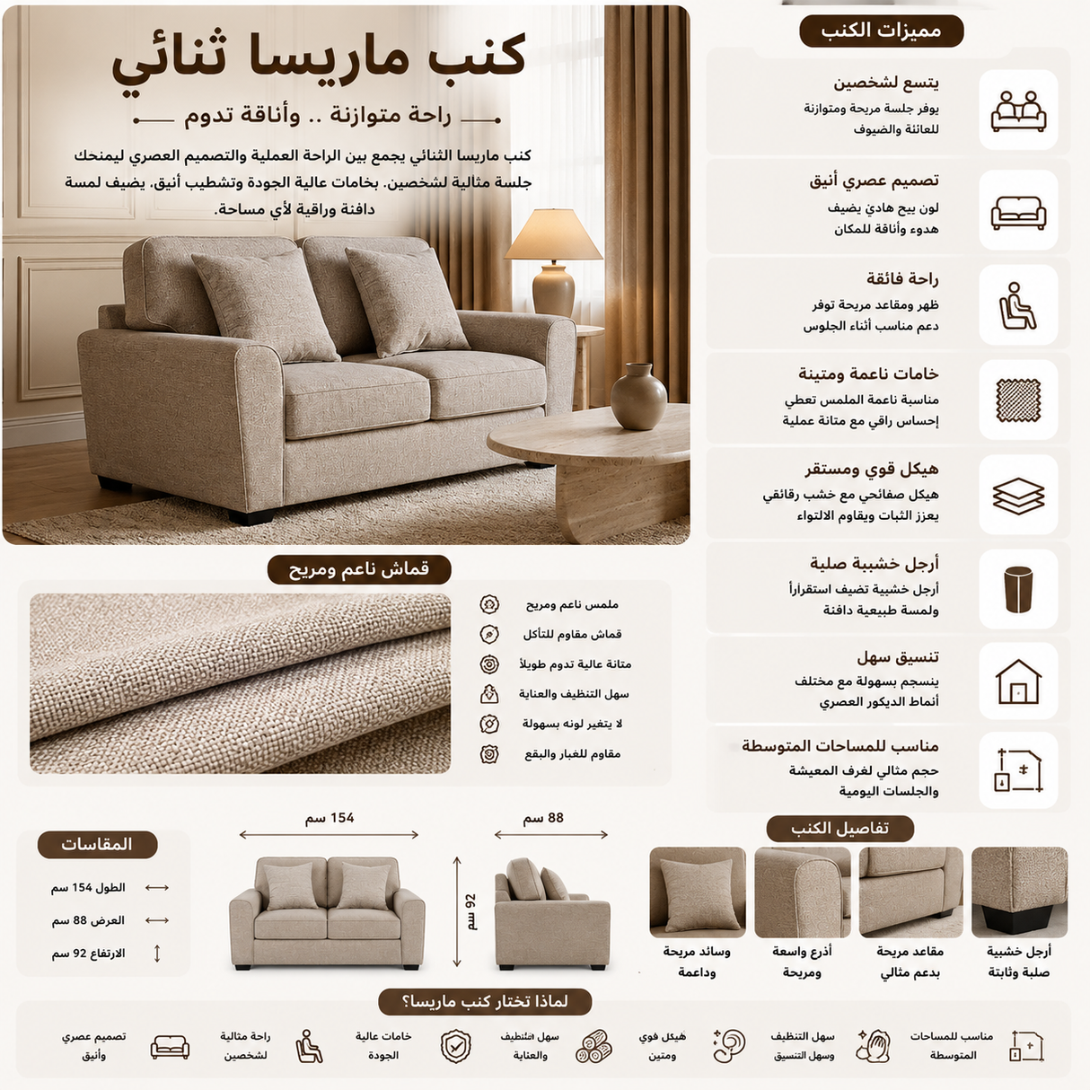 كنب ماريسا ثنائي باللون البني