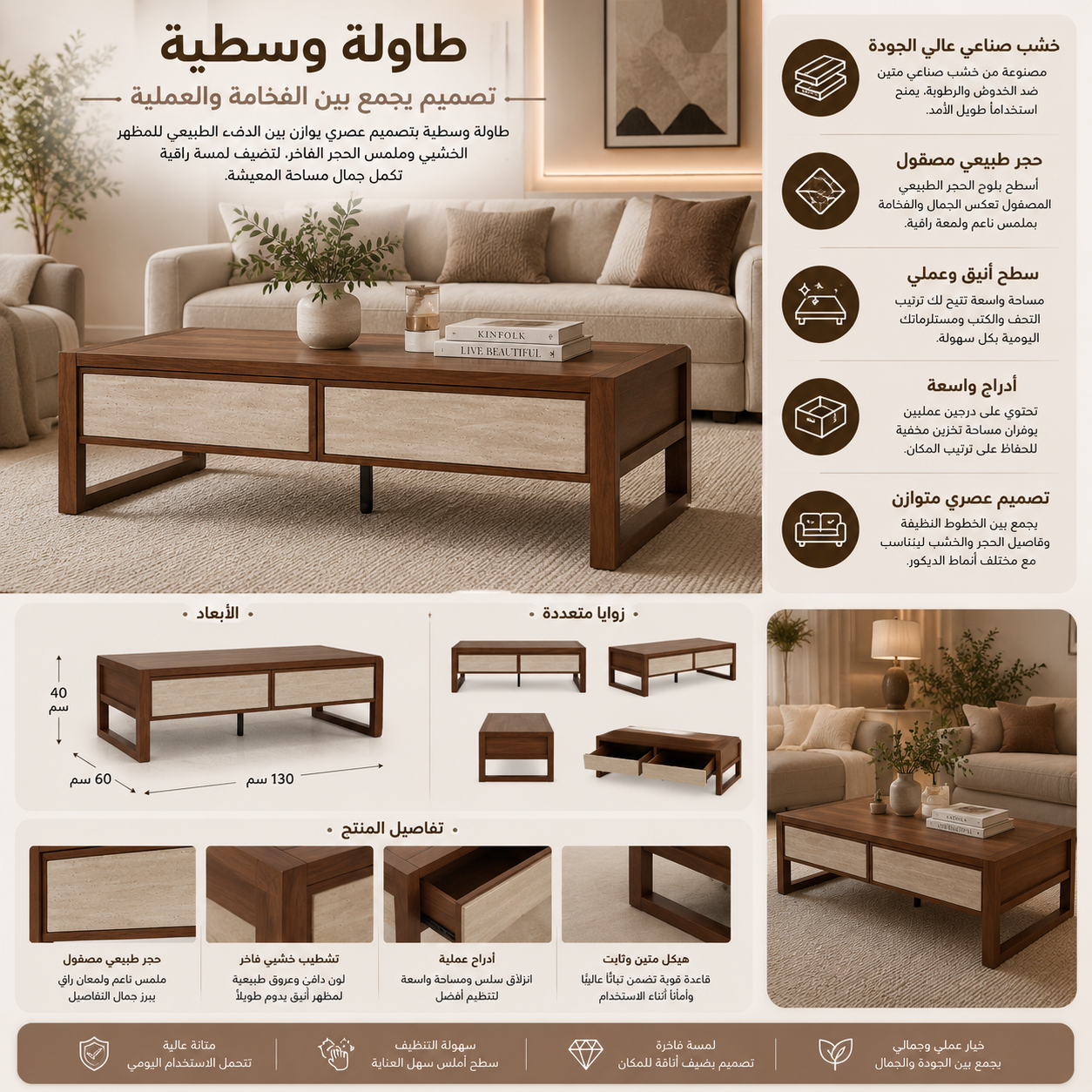 طاولة وسطية روليندا باللون البني