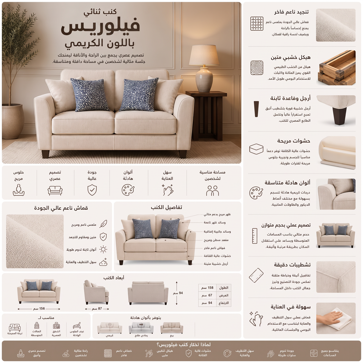 كنب فيلوريس ثنائي باللون الكريمي